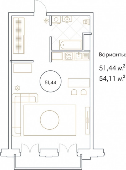 Однокомнатная квартира 51.44 м²
