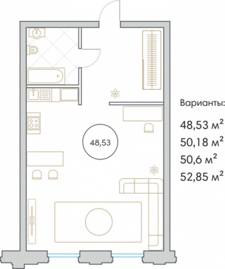 Однокомнатная квартира 48.53 м²