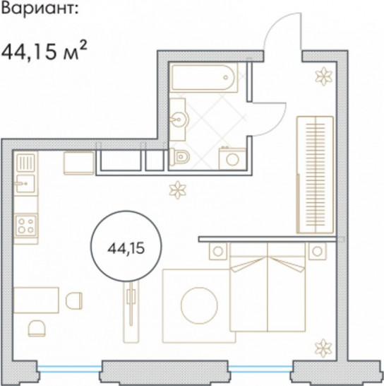 Однокомнатная квартира 44.15 м²