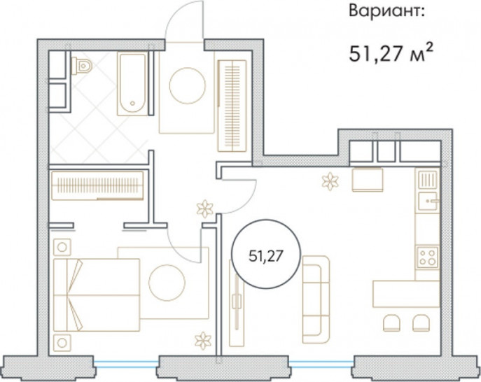 Двухкомнатная квартира 51.27 м²